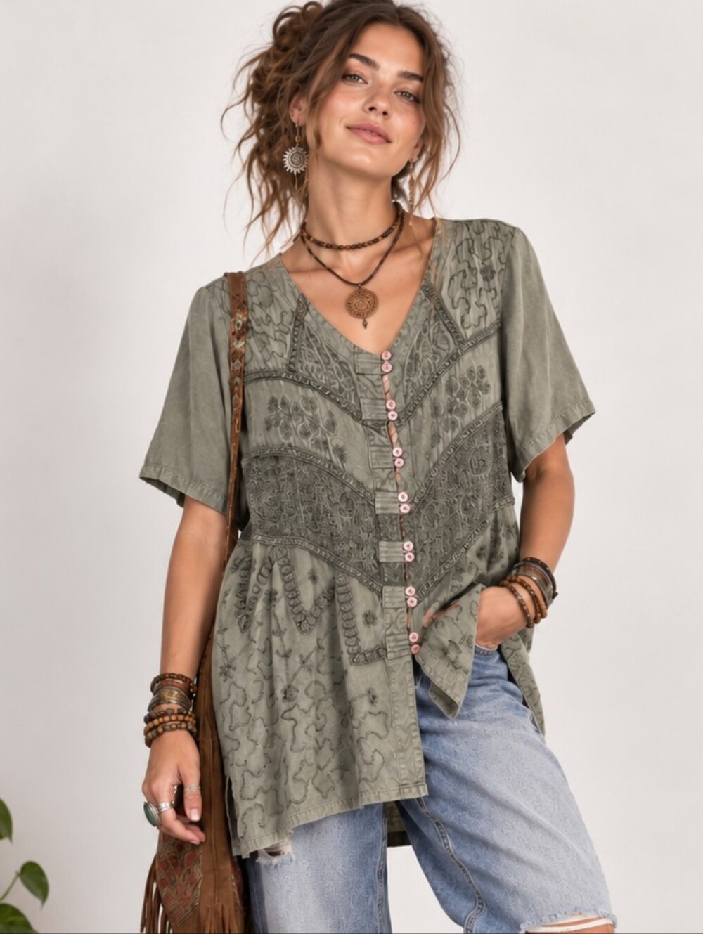 Vintage 90s Embroidered Button Up Top Size L Green Boho Blouse